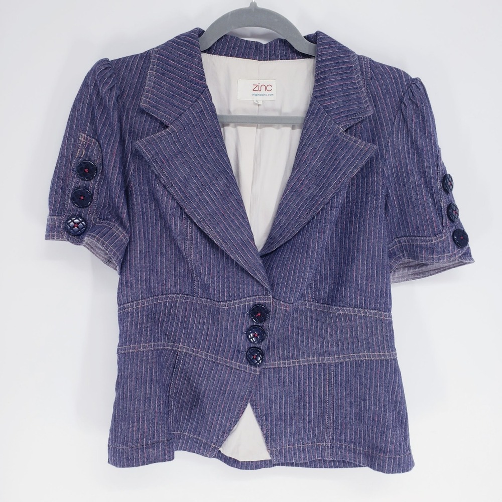 Y2K Zinc Pinstripe Herringbone Short Sleeve Blazer Women Size L Blue Puff Sleeve